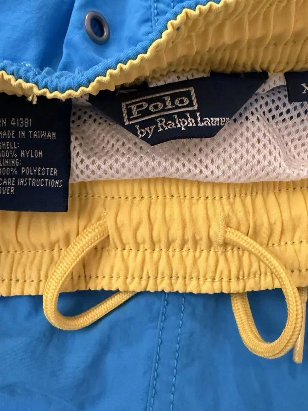 Vintage Polo Ralph Lauren Swim Trunks Men XL Blue Yellow RN 41381 Mesh Lined